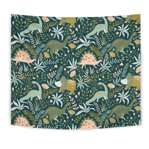 Dinosaurs Tropical Leaves Flower Pattern Wall Tapestry