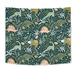 Dinosaurs Tropical Leaves Flower Pattern Wall Tapestry