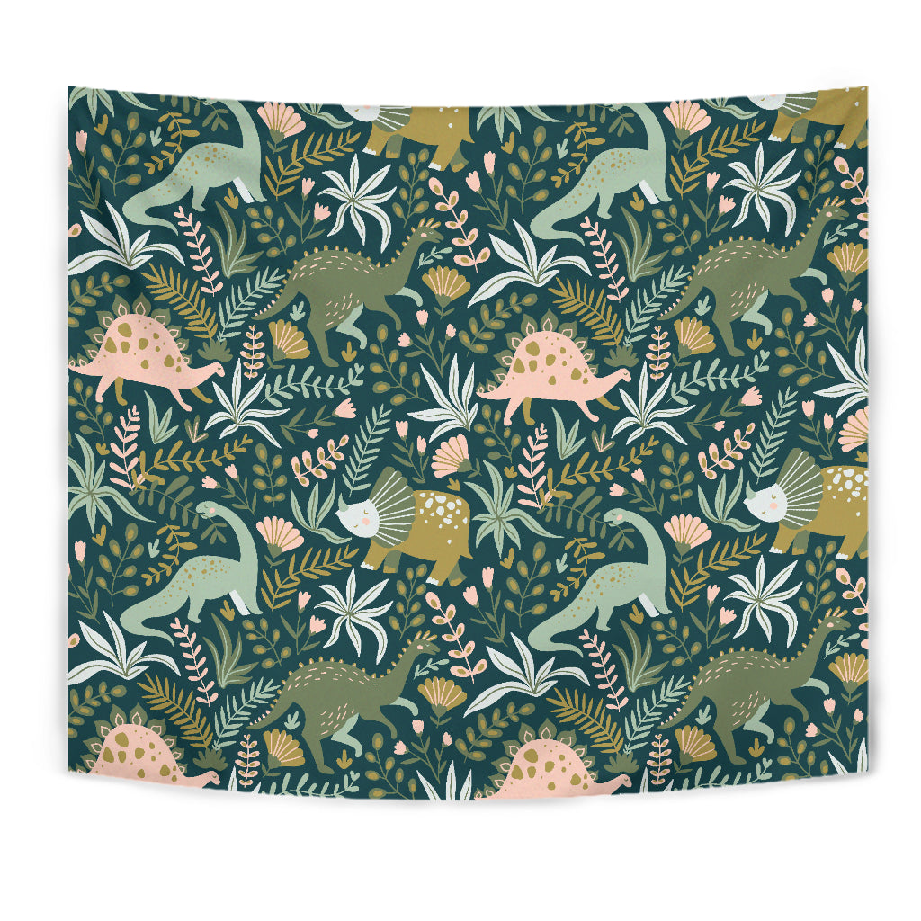 Dinosaurs Tropical Leaves Flower Pattern Wall Tapestry