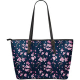 Pink Sakura Cherry Blossom Blue Background Large Leather Tote Bag