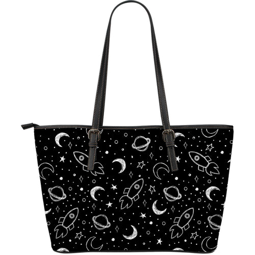 Hand Drawn Space Rocket Star Planet Large Leather Tote Bag