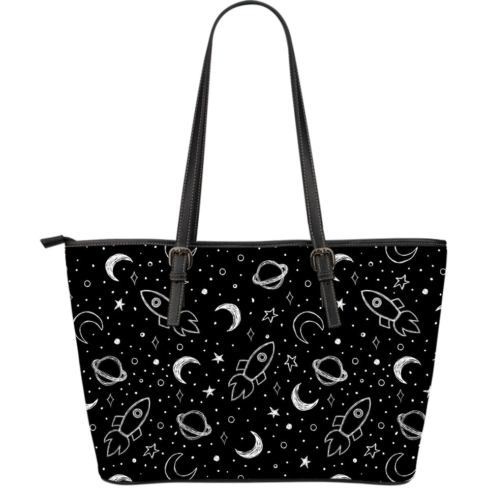 Hand Drawn Space Rocket Star Planet Large Leather Tote Bag