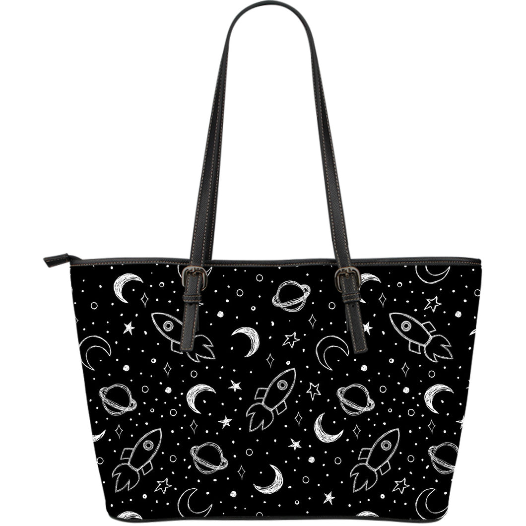 Hand Drawn Space Rocket Star Planet Large Leather Tote Bag