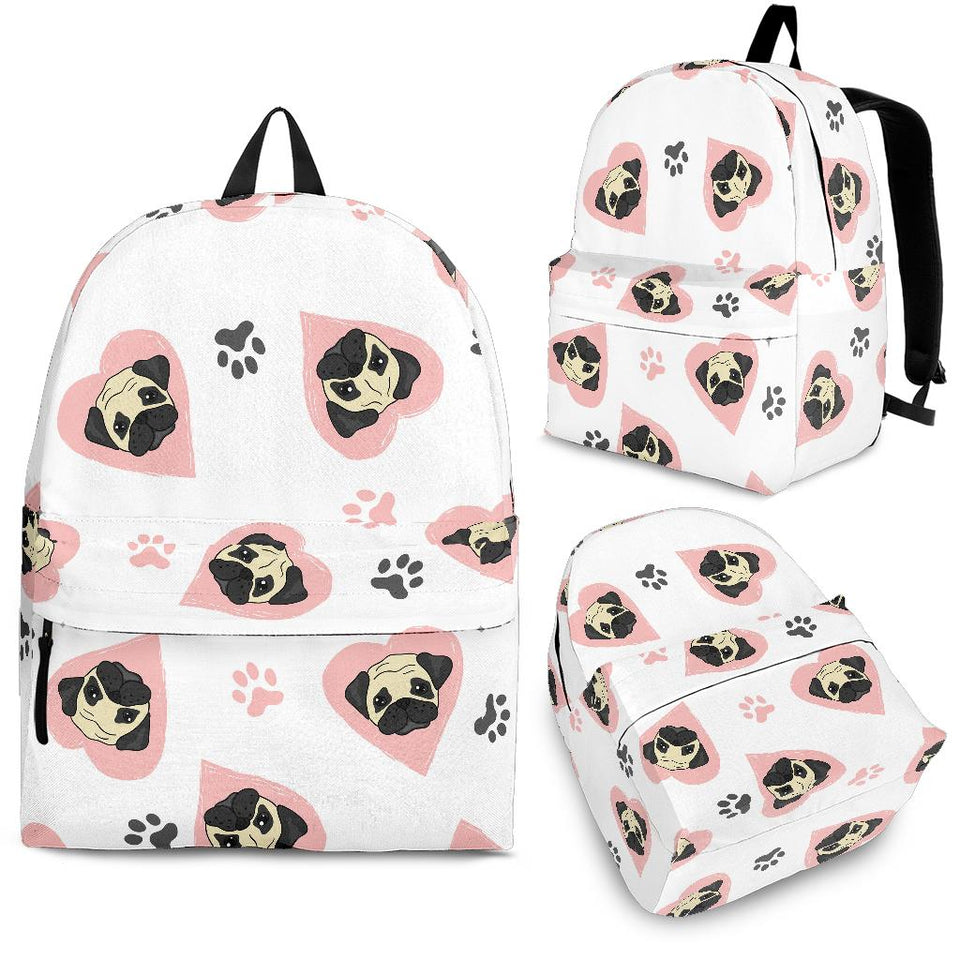 Cute Pugs Pink Heart Paw Pattern Backpack