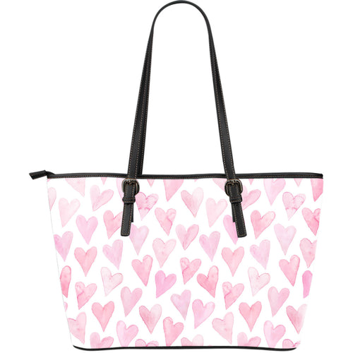 Watercolor Pink Heart Pattern Large Leather Tote Bag
