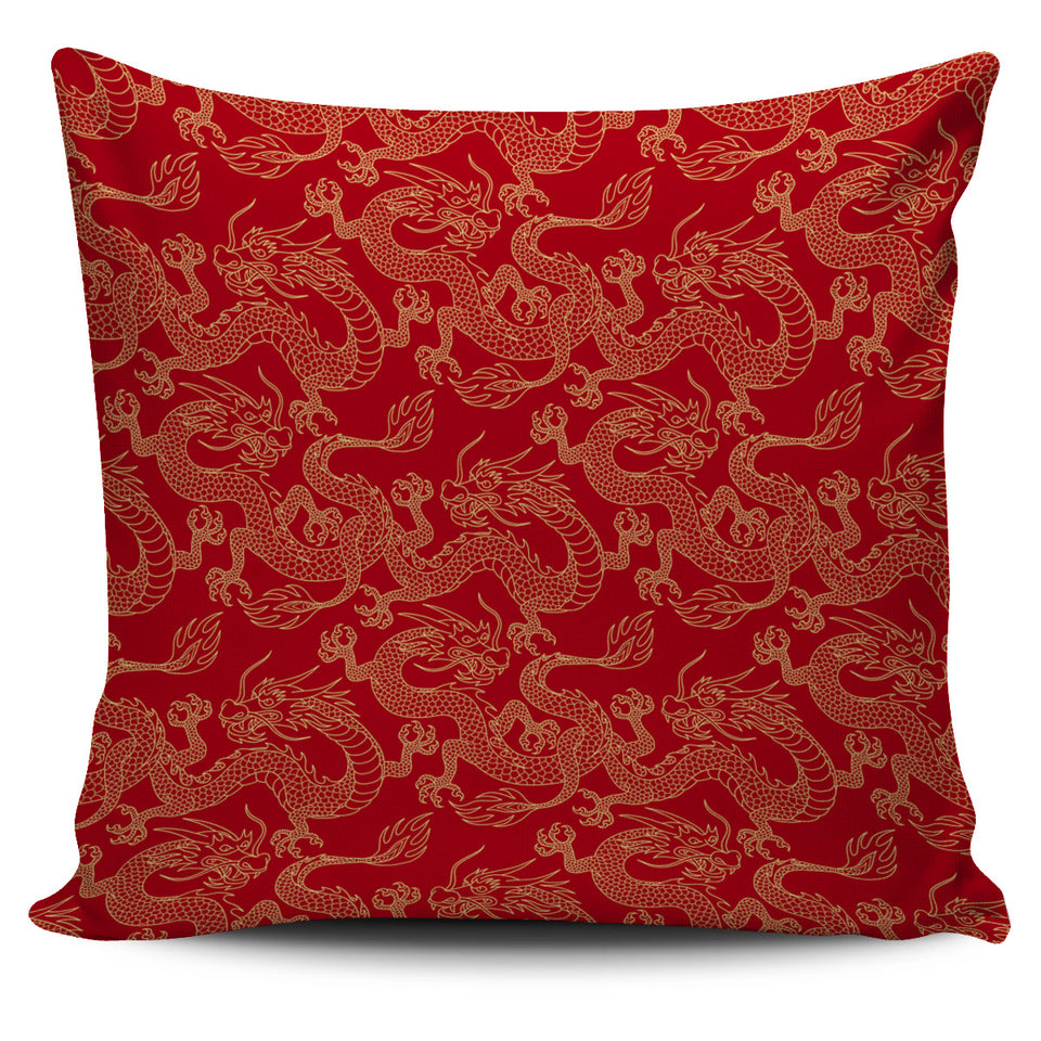 Gold Dragons Red Background Pillow Cover