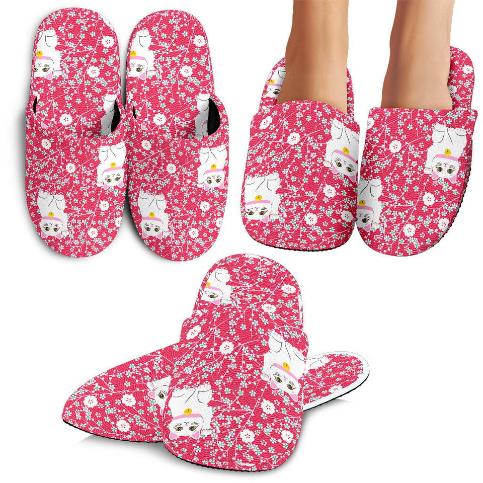 Maneki Neko Lucky Cat Sakura Pink Background Slippers