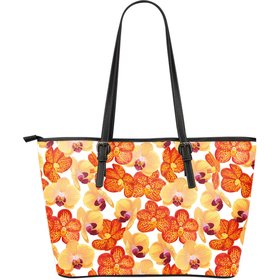 Orange Yellow Orchid Flower Pattern Background Large Leather Tote Bag
