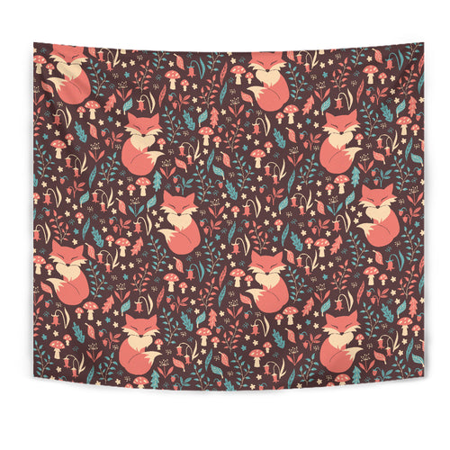 Fox Leaves Mushroom Pattern Wall Tapestry