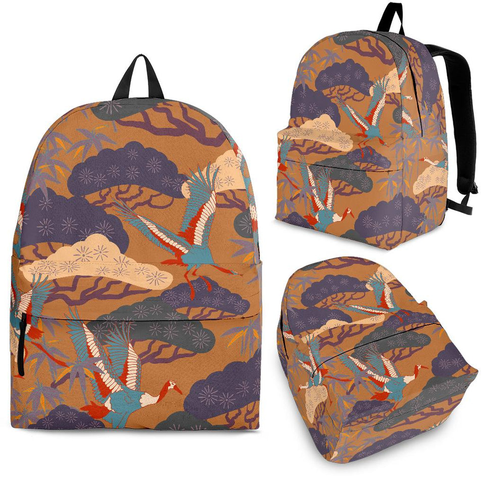 Bonsai Bamboo Stork Japanese Pattern Brown Theme Backpack