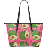 Avocado Slices Leaves Pink Back Ground Large Leather Tote Bag