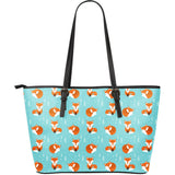 Fox Pattern Blue B Ackground Large Leather Tote Bag