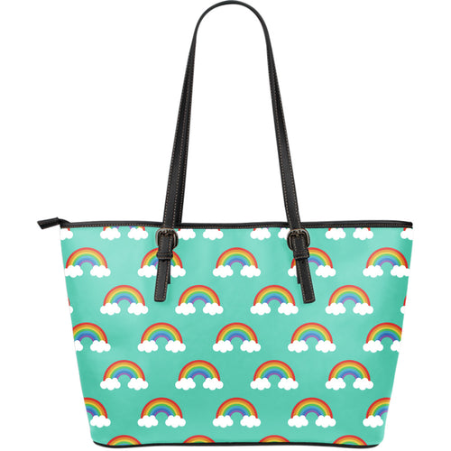 Rainbow Pattern Green Background Large Leather Tote Bag