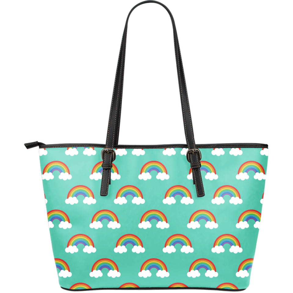 Rainbow Pattern Green Background Large Leather Tote Bag