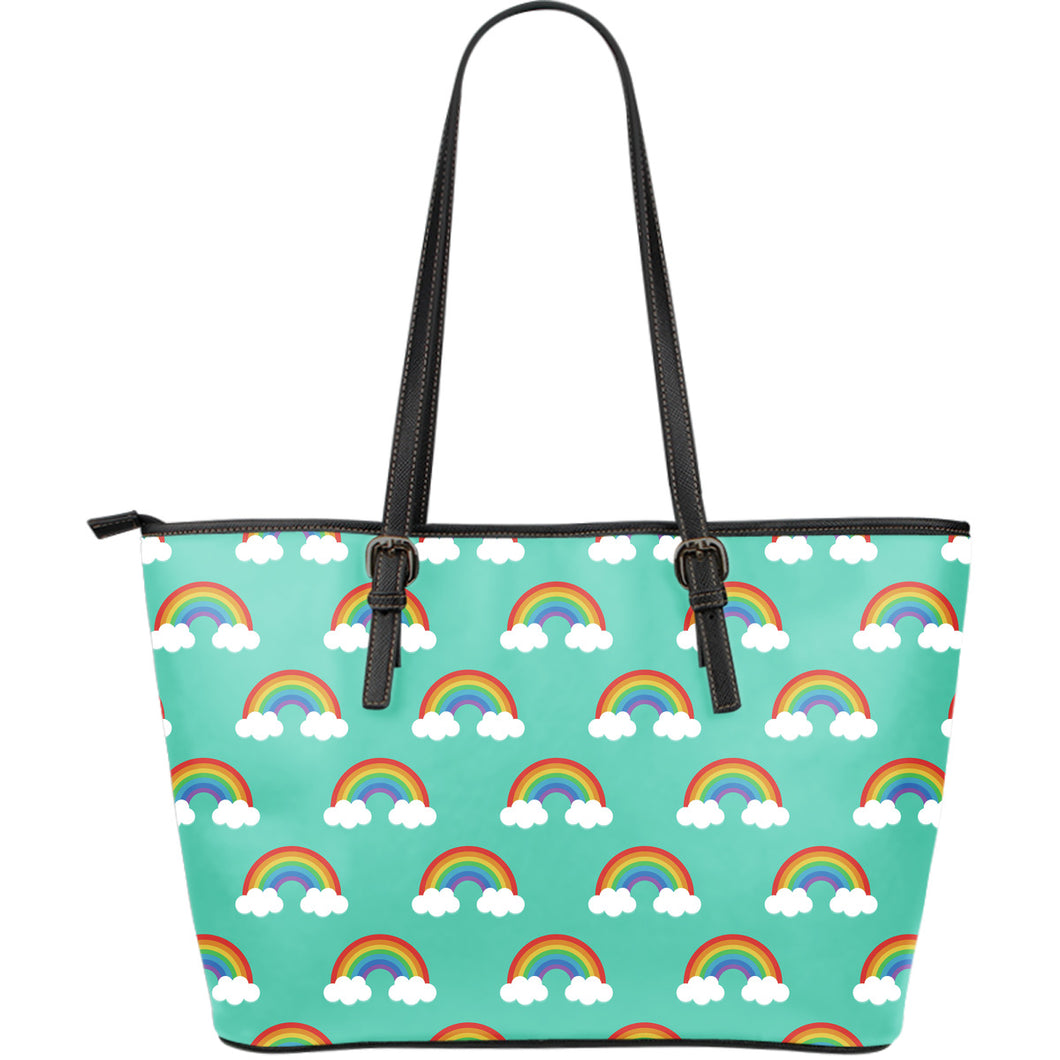 Rainbow Pattern Green Background Large Leather Tote Bag