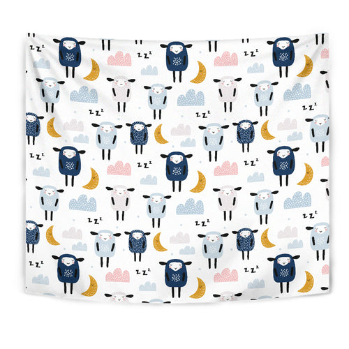Cute Sleeping Sheep Moon Cloud Pattern Wall Tapestry