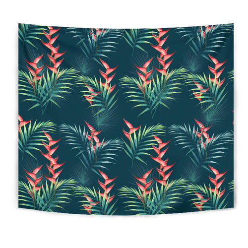 Heliconia Flowers, Palm And Monstera Leaves On Black Background Pattern Wall Tapestry