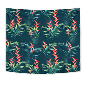 Heliconia Flowers, Palm And Monstera Leaves On Black Background Pattern Wall Tapestry