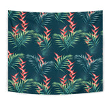 Heliconia Flowers, Palm And Monstera Leaves On Black Background Pattern Wall Tapestry