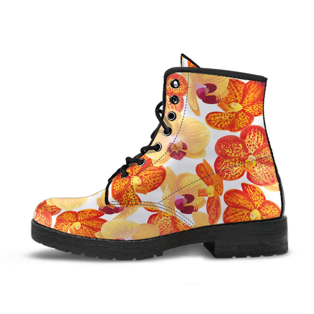 Orange Yellow Orchid Flower Pattern Background Leather Boots