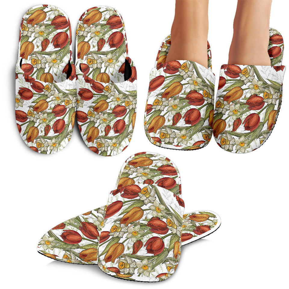 Red Tulips And Daffodils Pattern Slippers