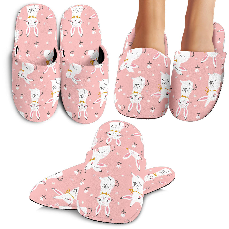 Cute White Rabbit Flower Pink Background Slippers