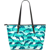 Dolphin Sea Pattern Large Leather Tote Bag