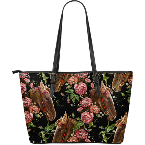 Horse Head Wild Roses Pattern Large Leather Tote Bag