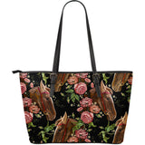 Horse Head Wild Roses Pattern Large Leather Tote Bag