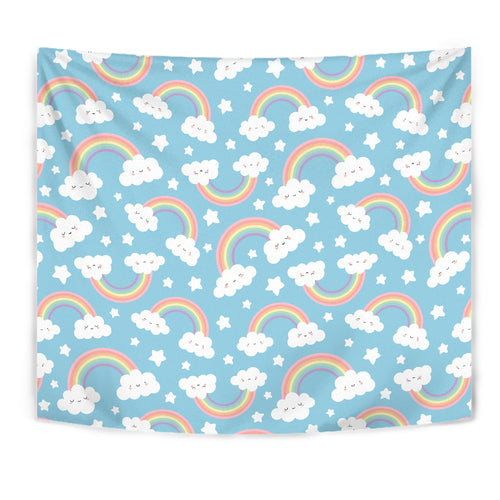 Cute Rainbow Clound Star Pattern Blue Background Wall Tapestry