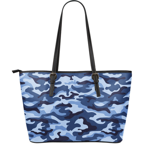 Blue Camo Camouflage Pattern Large Leather Tote Bag