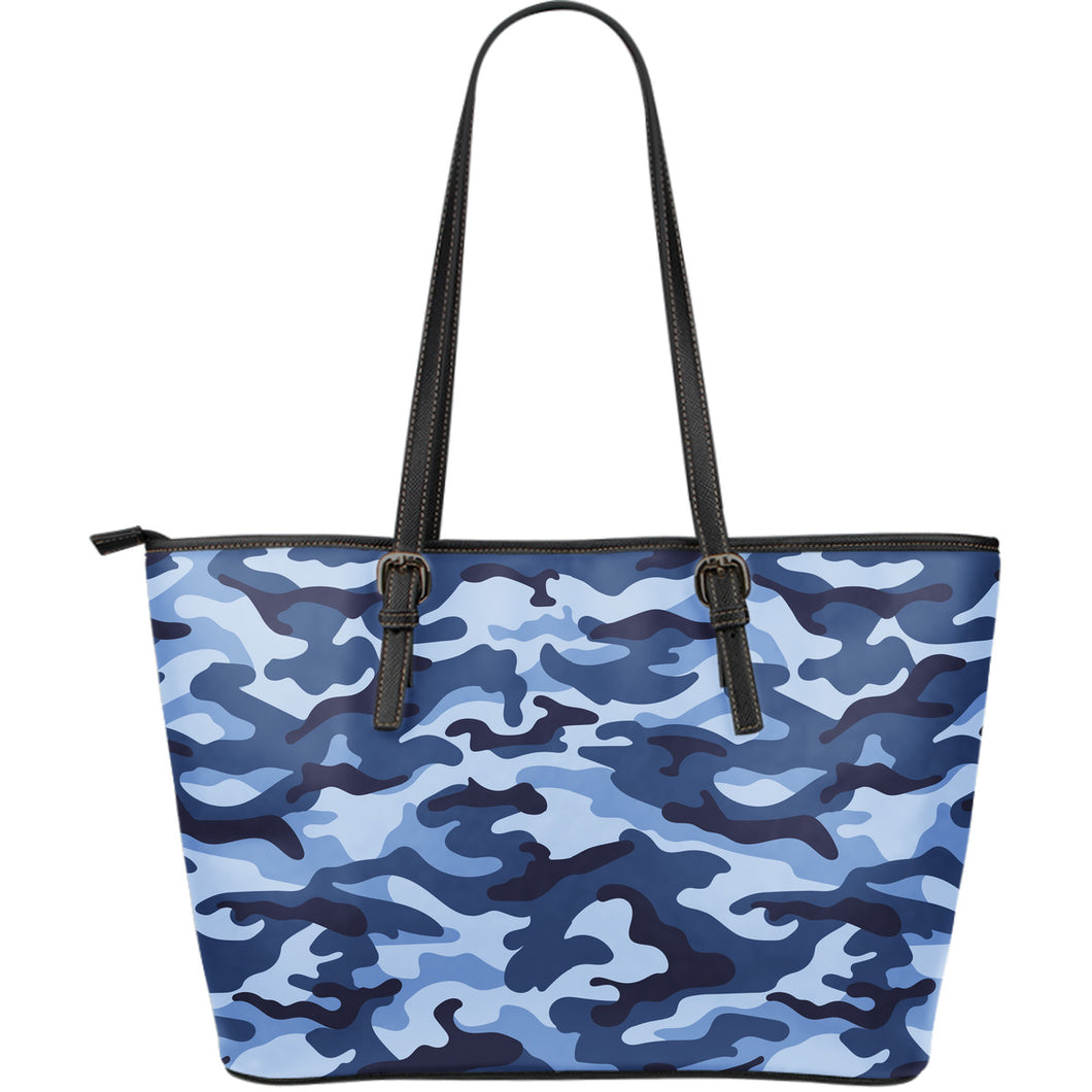 Blue Camo Camouflage Pattern Large Leather Tote Bag