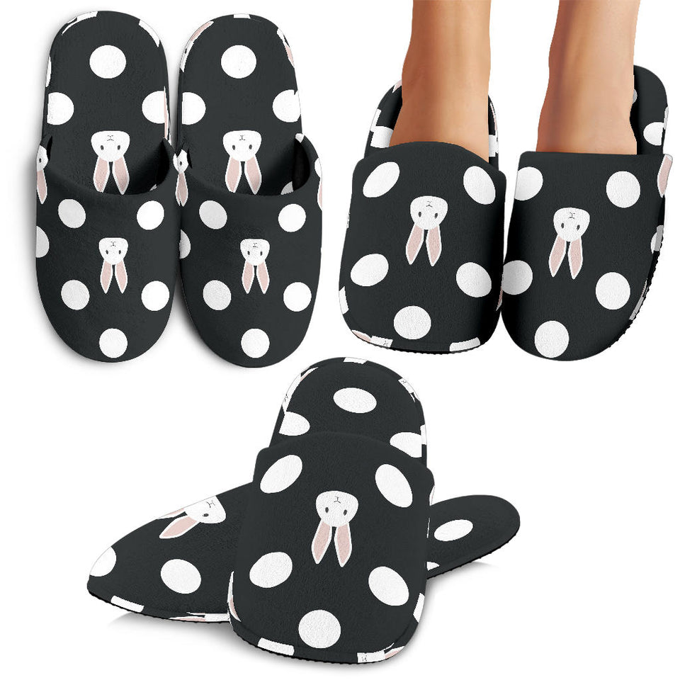 Cute White Rabbit Polka Dots Black Background Slippers