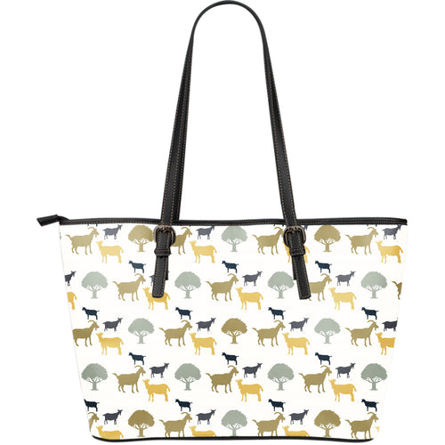 Silhouettes Of Goat And Tree Pattern Large Leather Tote Bag