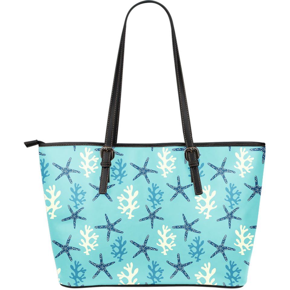 Blue Starfish Coral Reef Pattern Large Leather Tote Bag