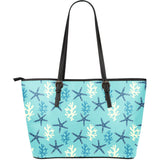 Blue Starfish Coral Reef Pattern Large Leather Tote Bag