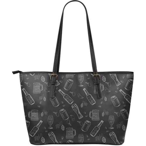 Beer Hand Drawn Pattern Large Leather Tote Bag