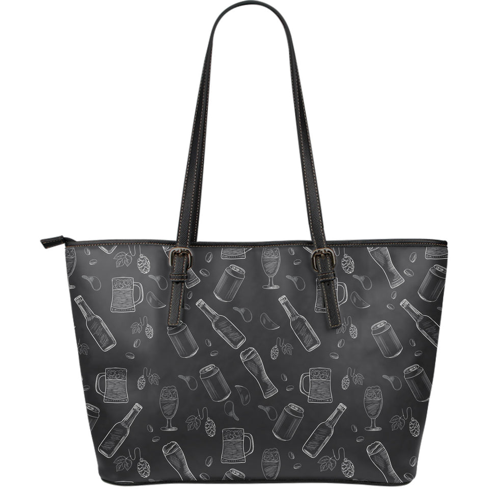 Beer Hand Drawn Pattern Large Leather Tote Bag