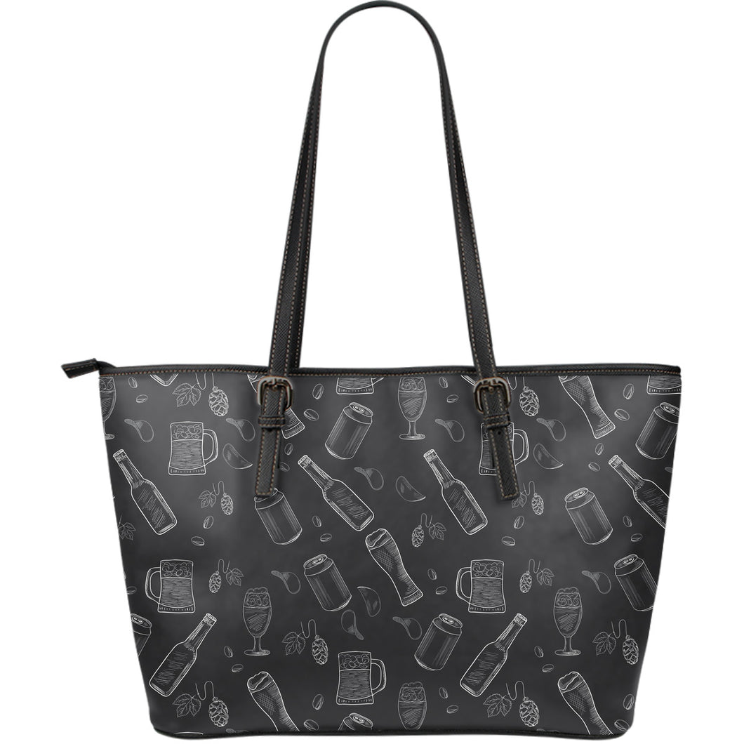 Beer Hand Drawn Pattern Large Leather Tote Bag
