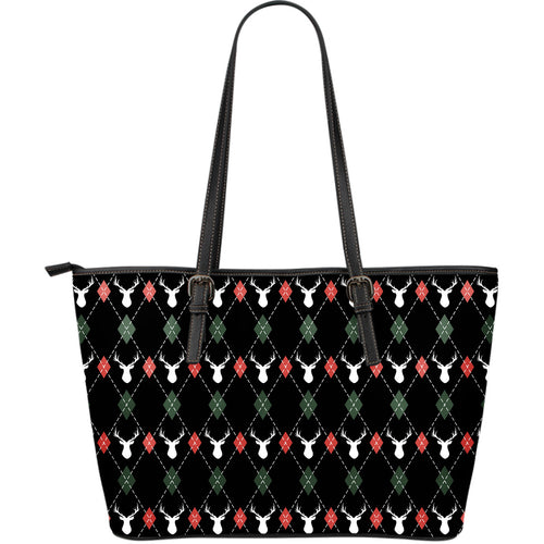 Deer Christmas New Year Pattern Argyle Large Leather Tote Bag