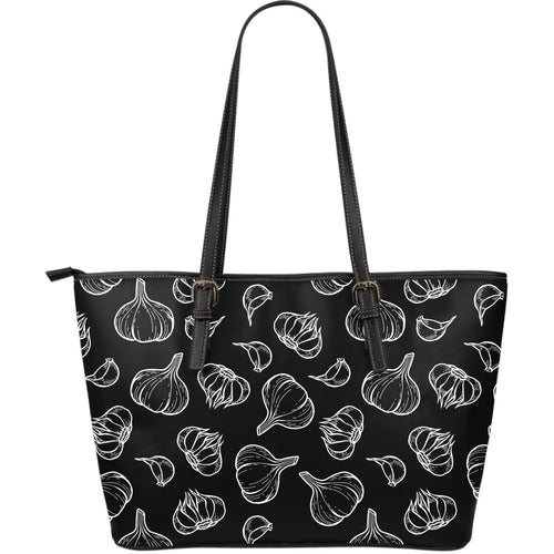 Garlic Pattern Black Background Large Leather Tote Bag