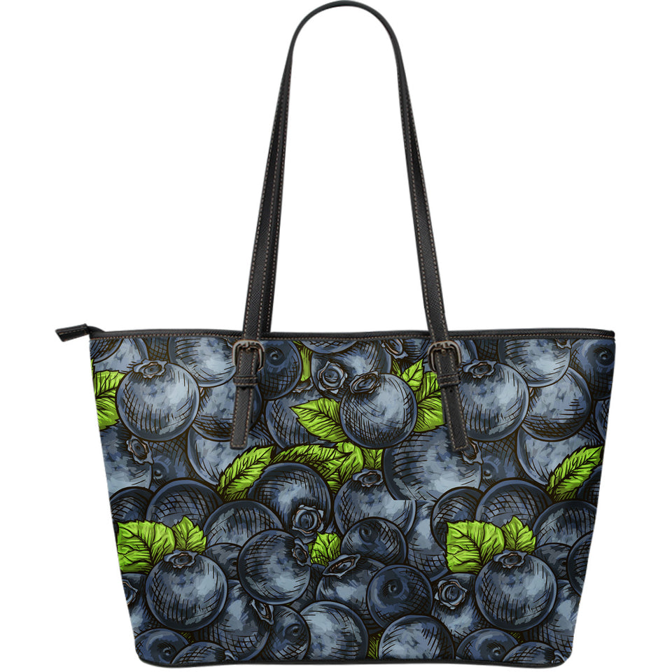 Blueberry Pattern Large Leather Tote Bag