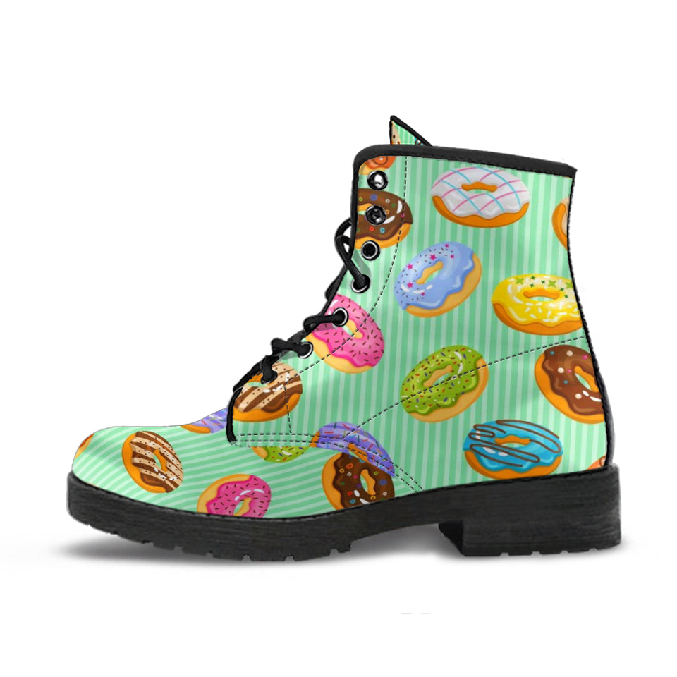 Colorful Donut Pattern Green Background Leather Boots