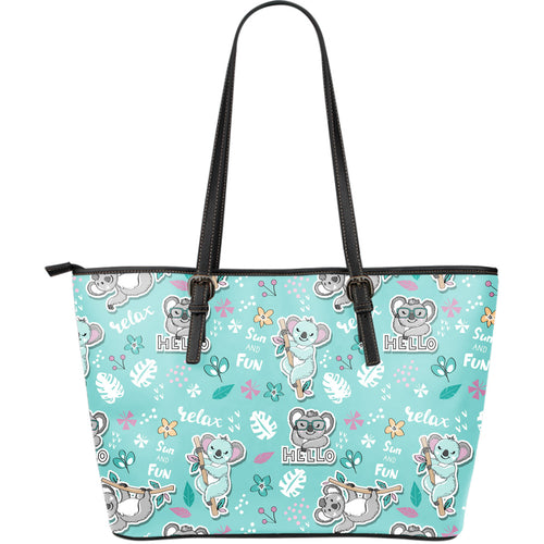 Cute Koalas Blue Background Pattern Large Leather Tote Bag