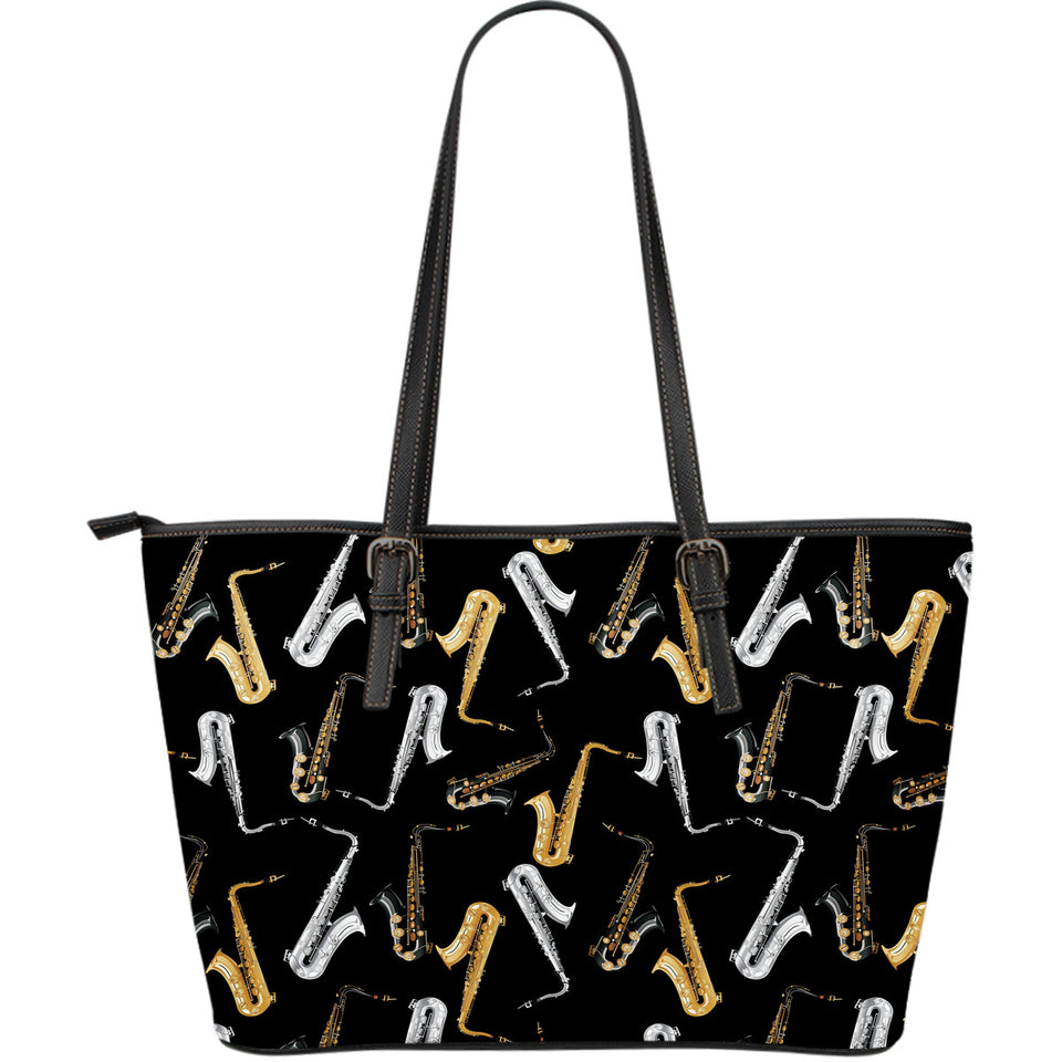 Saxophone Design Pattern Large Leather Tote Bag