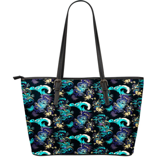 Dragon Sea Wave Pattern Large Leather Tote Bag