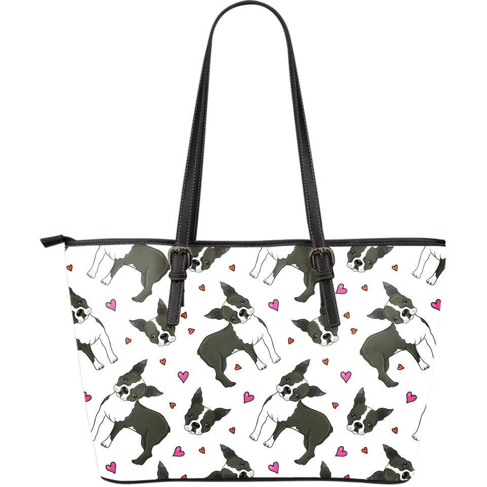 Boston Terrier Dog Hearts Vector Pattern Large Leather Tote Bag