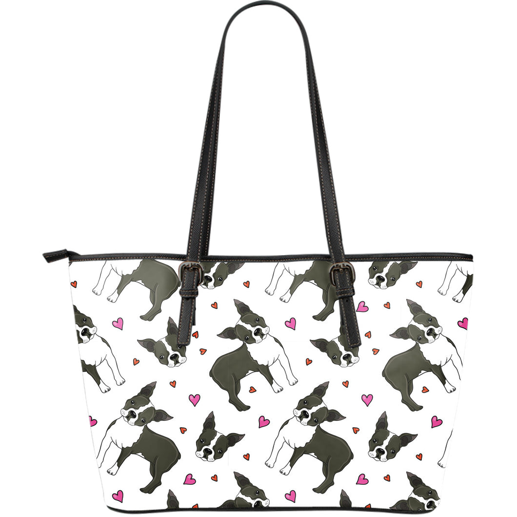 Boston Terrier Dog Hearts Vector Pattern Large Leather Tote Bag