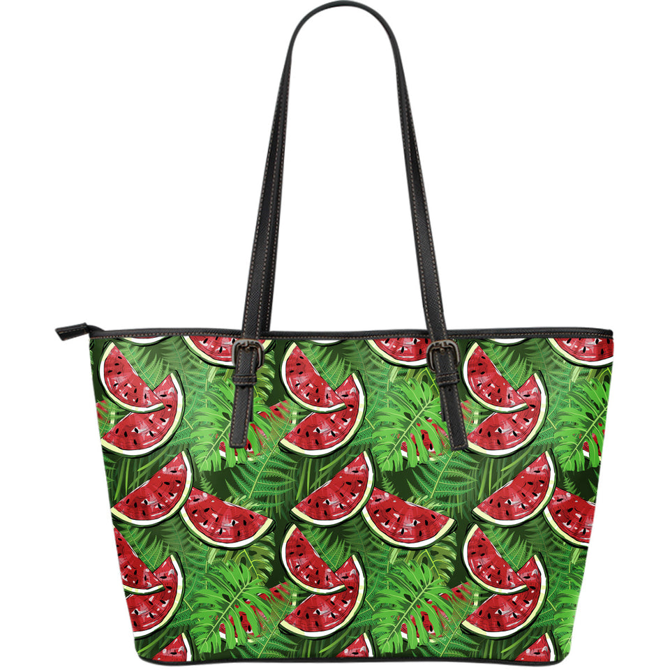 Watermelons Tropical Palm Leaves Pattern Background Large Leather Tote Bag