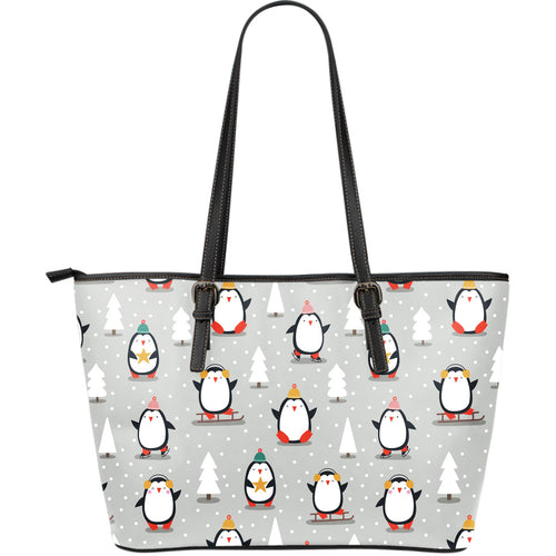 Cute Penguin Christmas Pattern Large Leather Tote Bag